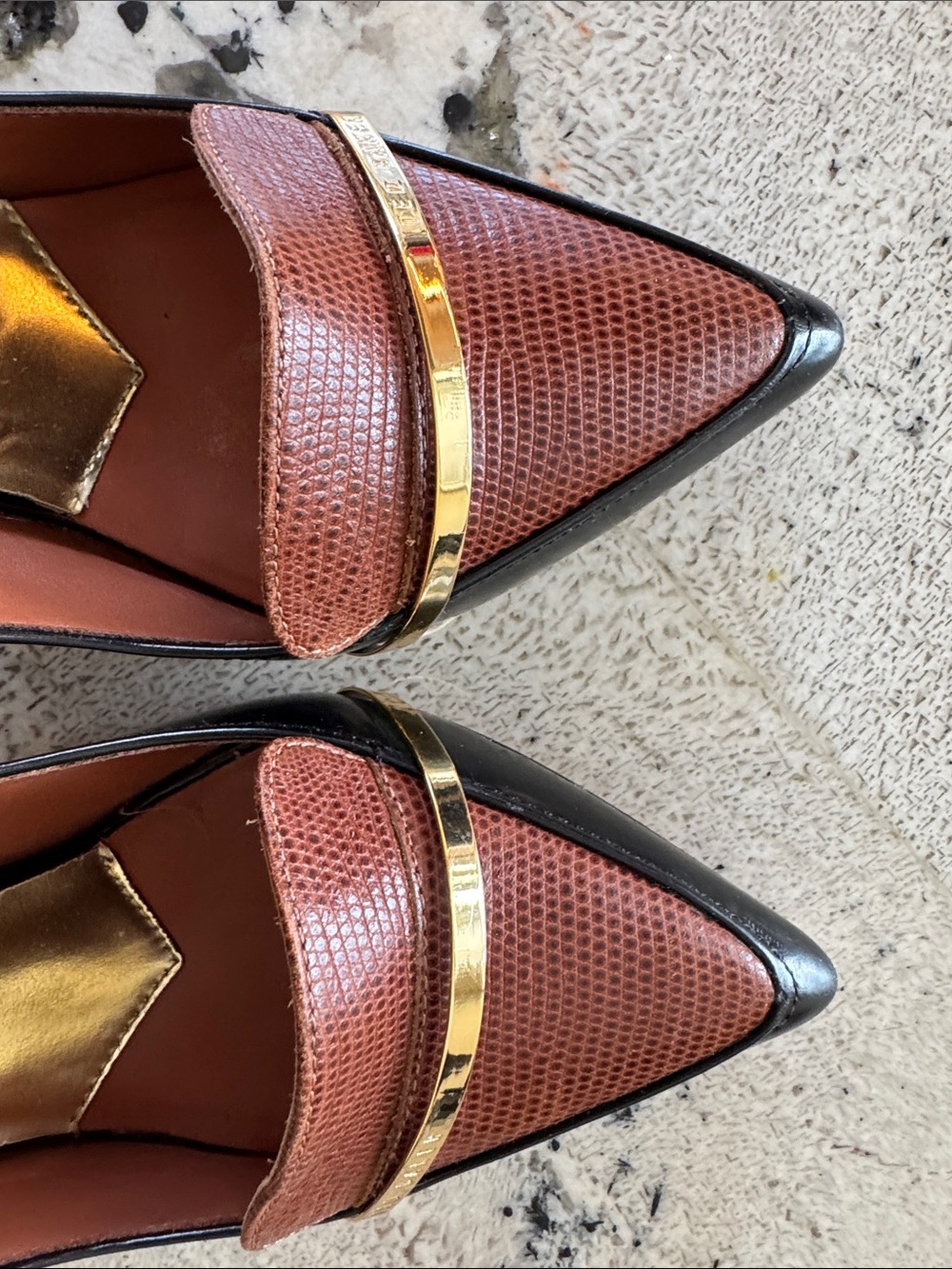 Ted Baker Black and Brown Pointed Toe Heels with Gold Trim - Picture 11 of 12